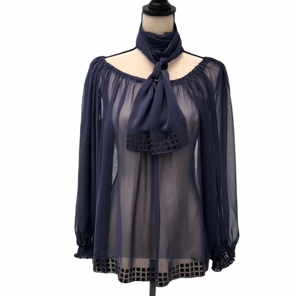 VIE TA VIE NAVY SALLY BLOUSE OFF-THE-SHOULDER SEMI SHEER TOP WITH SCARF/BELT - Picture 2 of 14